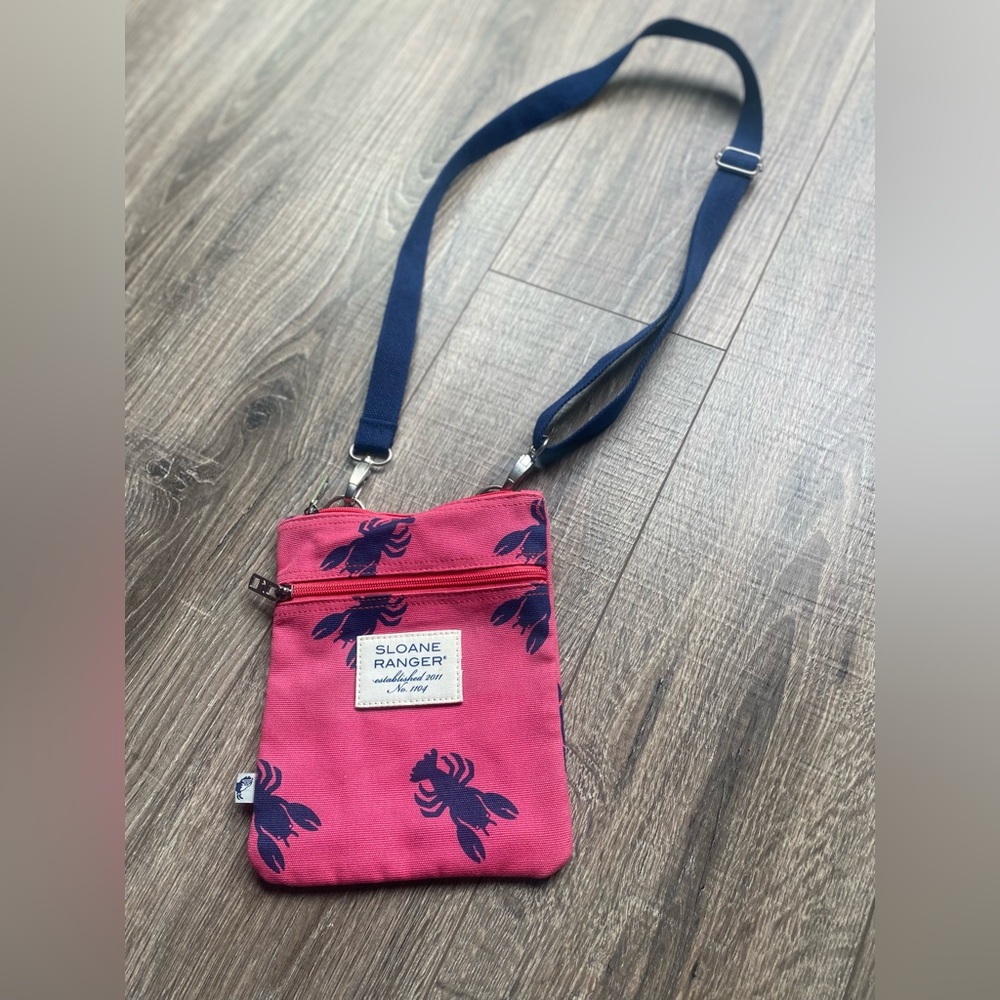 Sloane Ranger crossbody bag pink with navy lobsters and strap, almost new!